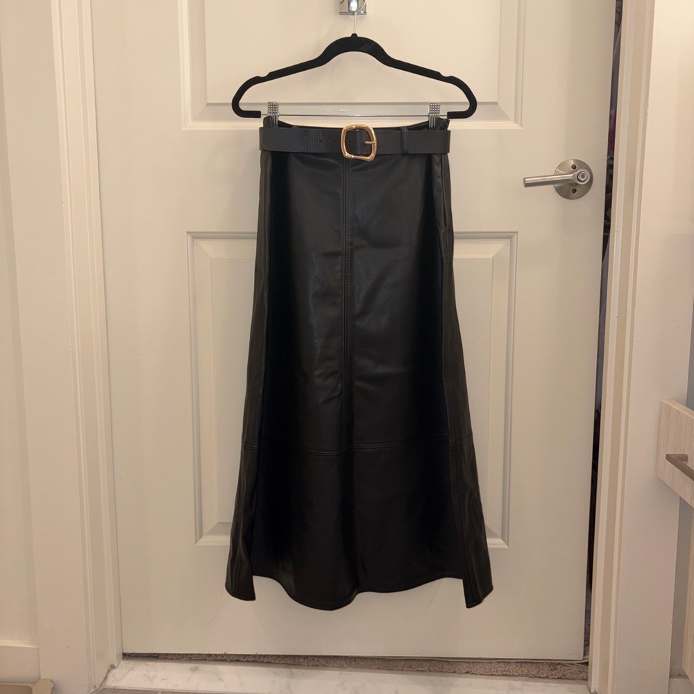 Zara Black A-Line Leather Skirt with Buckle
